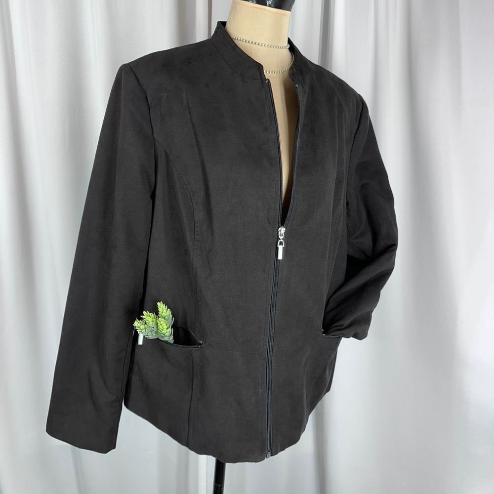Alia Women Black Faux Suede Full Zip Mock Neck Jacket Size 14 Lined Lightweight